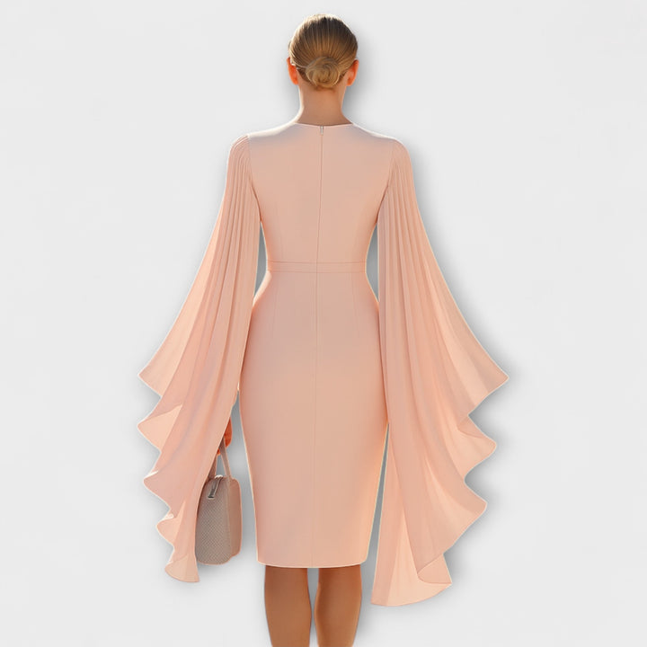 Rachel - Růžové midi šaty s výstřihem do V a chiffonovými rukávy